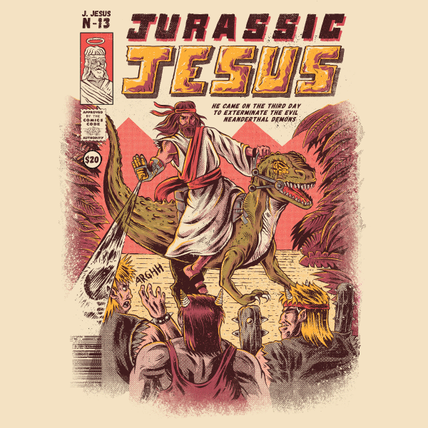 Graphic tee featuring Jesus riding a dinosaur fighting demons with 'Jurassic Jesus' text in retro comic book style.