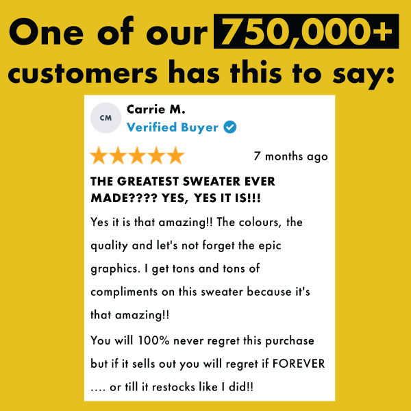 Sweatshirt featuring Mothman graphic with five-star review praising quality and colors with text 'THE GREATEST SWEATER EVER
