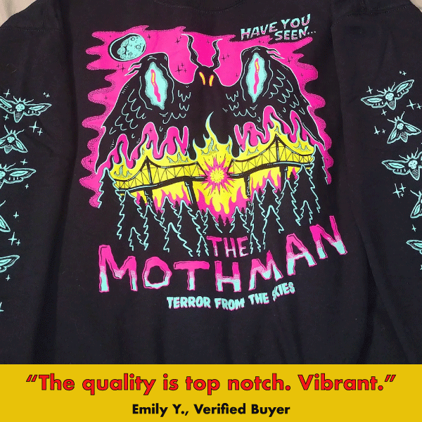 Black graphic sweatshirt featuring neon Mothman with glowing eyes, flames, and 'Terror From The Ether' text on chest.