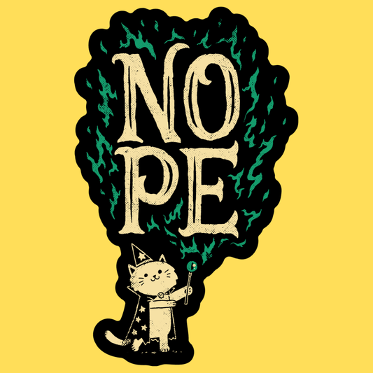 Vinyl sticker featuring a wizard cat casting magic with 'I Cast Nope' text on dark mystical background against yellow.
