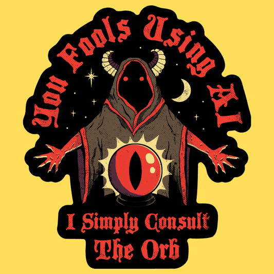 Vinyl sticker with red demon character holding glowing orb, text 'I Simply Consult The Orb', mystical gothic style on yellow