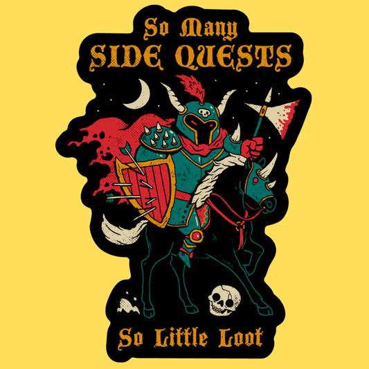 Vinyl sticker of demonic horned character in teal armor holding shield and flag with text 'So Many Side Quests' on yellow