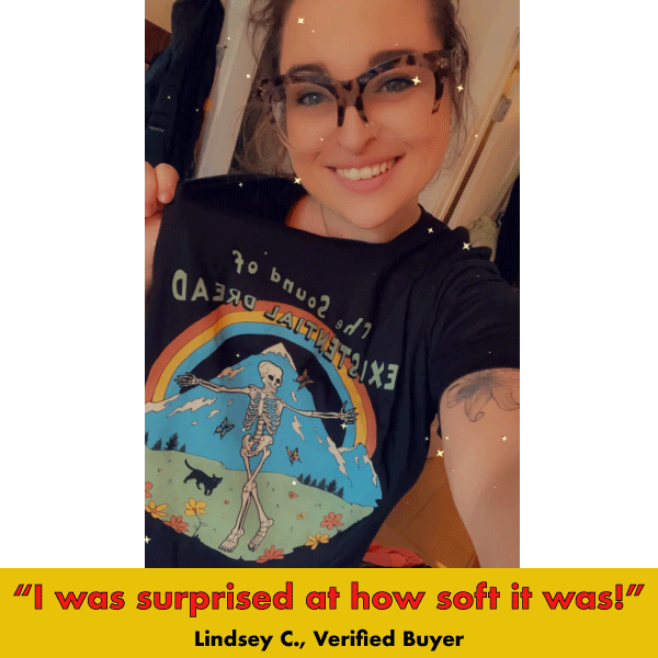 Black graphic tee with skeleton, rainbow, and forest design featuring 'Sound of Existential Dread' text
