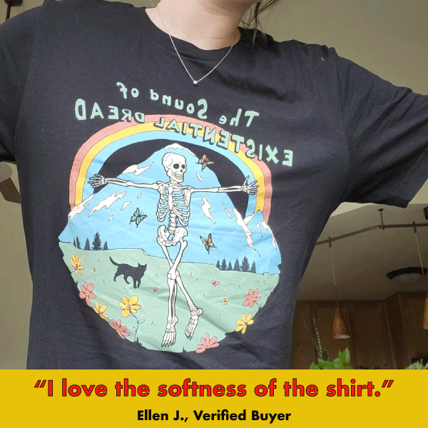 Black graphic tee with skeleton under rainbow in nature scene, text 'Sound of Existential Dread'
