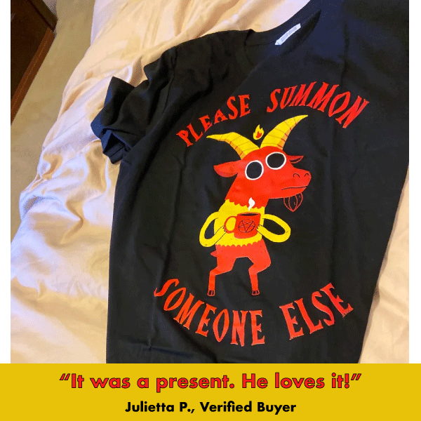 Black graphic tee with red demon character and yellow horns, text 'Please Summon Someone Else'