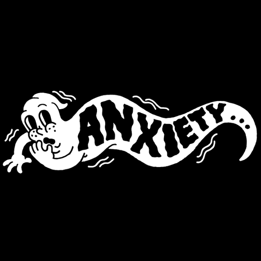 A black hoodie with a graphic of a white ghost with text that reads anxiety across its body