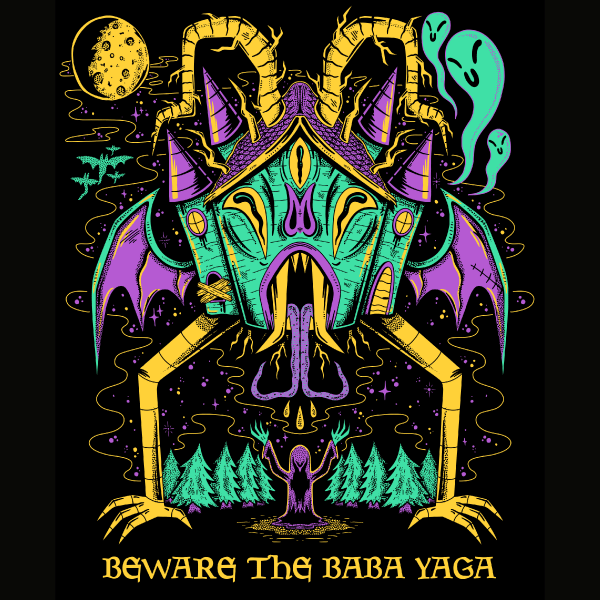 Black graphic sweatshirt featuring vibrant neon Baba Yaga creature with horns, mystical symbols, and 'BEWARE THE BABA YAGA'