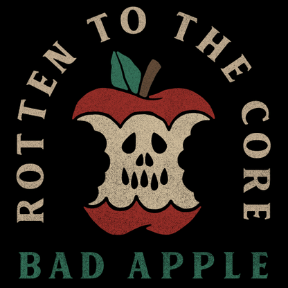A black sweatshirt of of an apple core with seeds that look like a skull and text that reads rotten to the core and bad apple