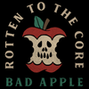 A black t-shirt of of an apple core with seeds that look like a skull and text that reads rotten to the core and bad apple