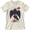 A graphic tee featuring artwork of a cartoonish crow bisected horizontally holding a rose in its beak