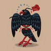 Artwork of a cartoonish crow bisected horizontally holding a rose in its beak