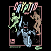 A black graphic tee shirt featuring Mothman (mothwoman), Bigfoot (sasquatch), and a lizard man dancing with text that reads CRYPTID MASH and PSEUDO RECORDS