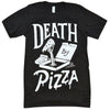 Graphic tee of a skeleton arm reaching through a pizza box, holding a slice, with text that reads death by pizza