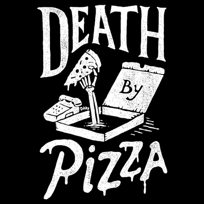 Graphic of a skeleton arm reaching through a pizza box, holding a slice, with text that reads death by pizza