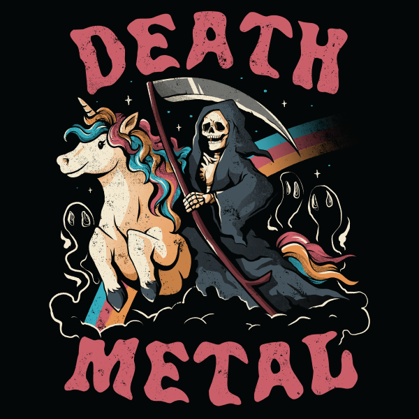 Black graphic tee featuring Death riding a rainbow unicorn with ghosts and 'Death Metal' text on black background