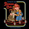 A child holding a cat with horns sitting on a pentagram with text that reads caring for your demon cat: pets and responsibilites
