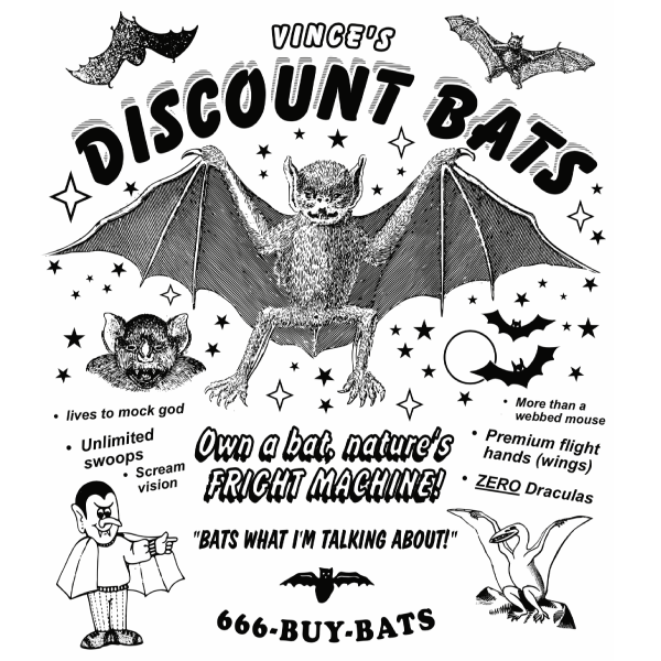 Black graphic tee featuring vintage bat illustrations and text reading 'Vince's Discount Bats' with humorous vampire-themed