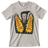 Graphic t-shirt of a skeleton reaper shooting beams from his bony hands with text reading doom from one and gloom from the other