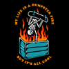 A skeleton doing a skateboard trick over a flaming dumpster with text that reads 