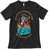 Graphic t-shirt of a skeleton doing a skateboard trick over a flaming dumpster with text that reads 
