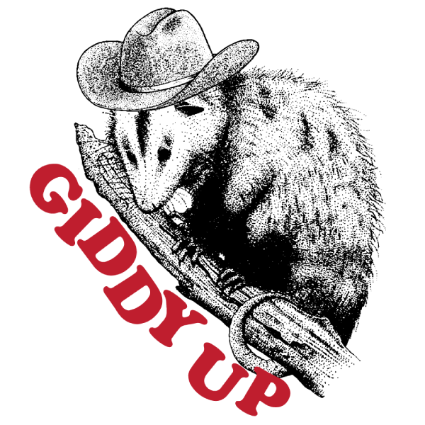 Black graphic tee featuring a possum in a cowboy hat with 'Giddy Up' text in retro stippled style illustration.