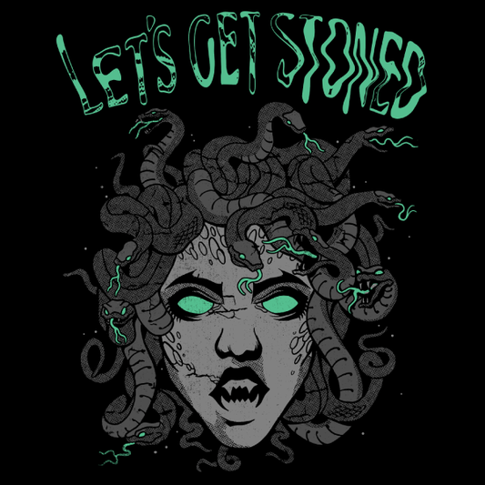 Black graphic tee featuring a glowing-eyed Medusa head with serpents and neon green text 'Let's Get Stoned'
