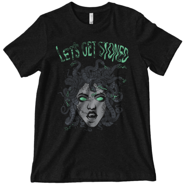 Black graphic tee featuring Medusa with glowing green eyes and 'Let's Get Stoned' text in edgy green lettering on dark
