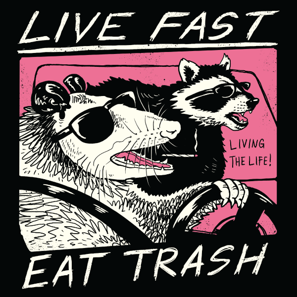 Black graphic tee featuring illustrated raccoons in sunglasses with 'Live Fast Eat Trash' text on pink and black background.