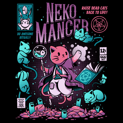 Black graphic tee saying Nekomancer in purple text on the shirt. 