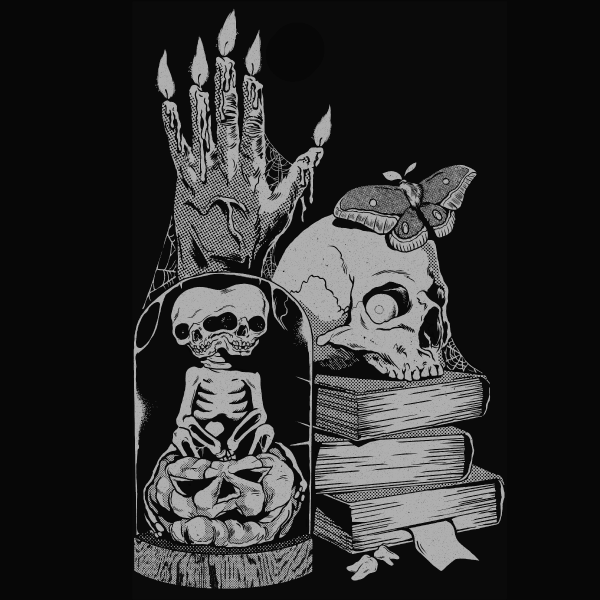 Black graphic tee featuring skulls, candles, books, skeleton hands, and insects in gothic occult style with 'Oddities' text.
