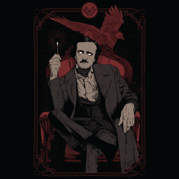 Black graphic tee featuring Edgar Allan Poe seated in a red chair holding a candle, with a dark raven above, inspired by