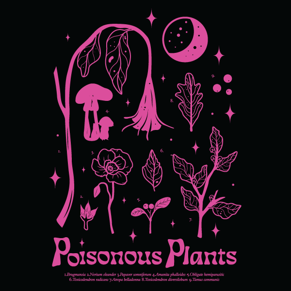 Black graphic tee with magenta neon illustrations of toxic plants, mushrooms, moon, and flowers against dark background
