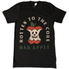 A black t-shirt of of an apple core with seeds that look like a skull and text that reads rotten to the core and bad apple