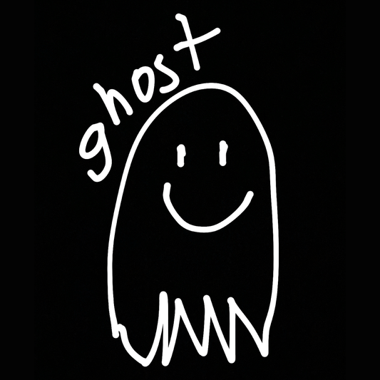 a simple crude drawing of a ghost with hand-written lettering reading ghost above it