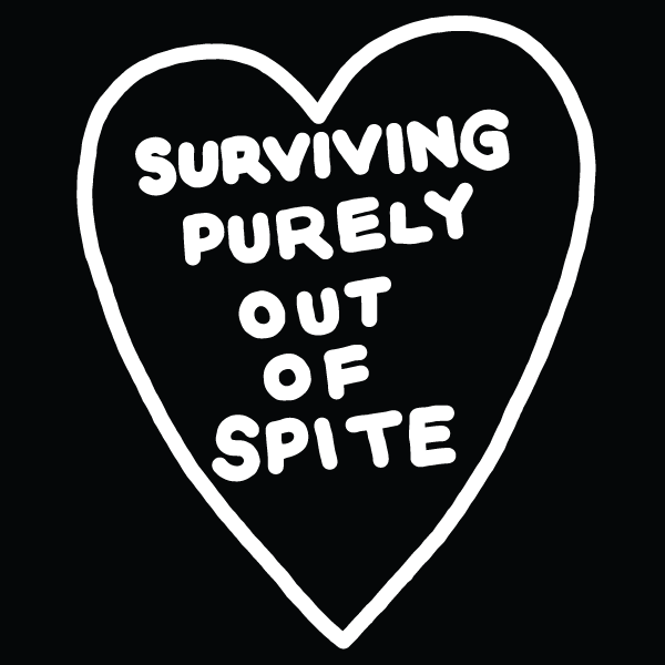 Black graphic tee featuring a white heart outline with bold white text reading 'Surviving Purely Out of Spite' on black