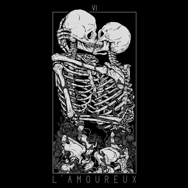 Black graphic tee featuring two skeletal figures embracing with 'L'AMOUREUX' text, tarot card style design on dark