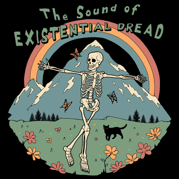 Black graphic tee featuring skeleton with arms spread wide on colorful mountain landscape with flowers and butterflies, text