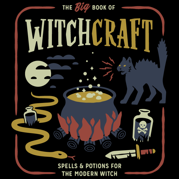 A black graphic that reads the big book of witchcraft, spells and potions for the modern witch with icons of a cauldron, black cat, poison bottle, and dagger
